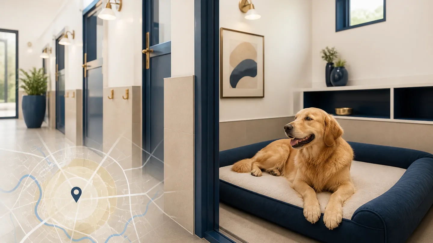 Golden retriever resting in a luxury DogCare boarding suite with service area map inset